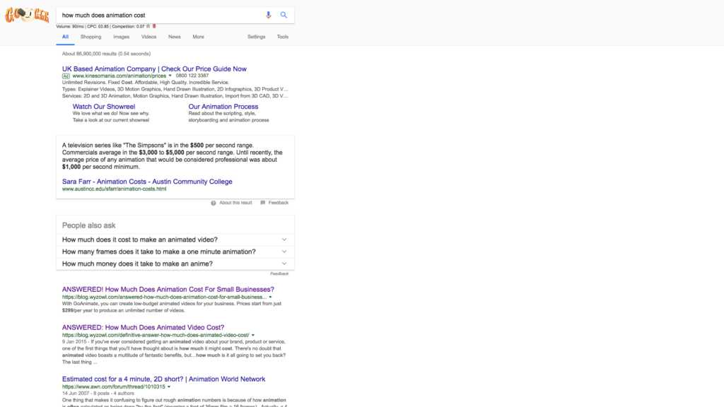 How much does animation cost serp
